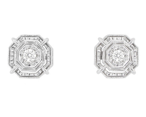 Art Deco Diamond Stud Earrings in 18 Karat White Gold — Antique Jewelry Mall